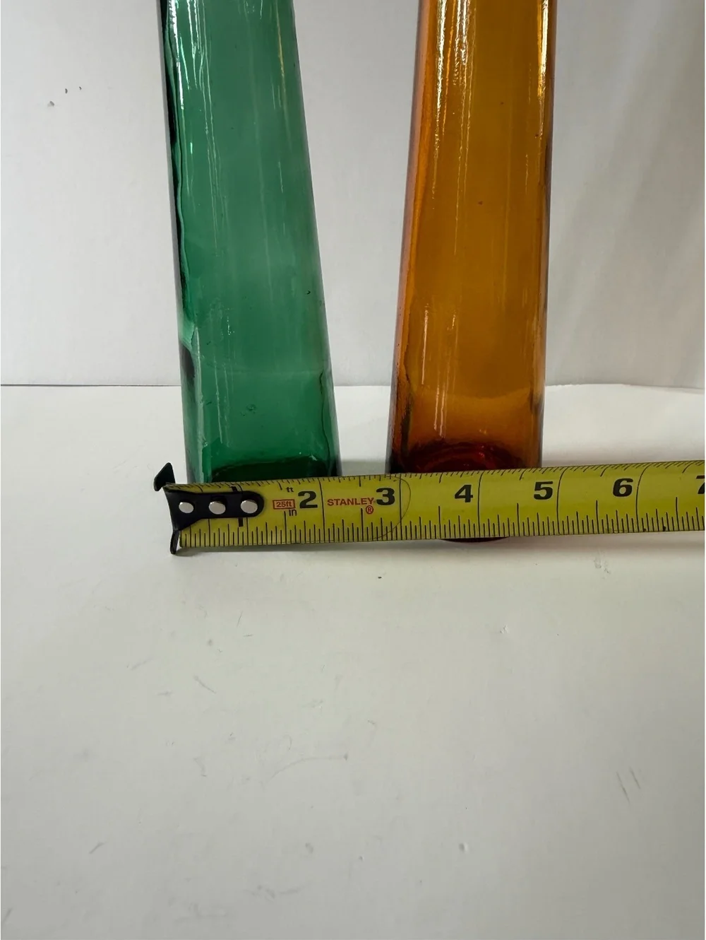 Vintage Hand Blown Art Glass Decanter Bottle Pair Green Amber 12” Cork Stoppers